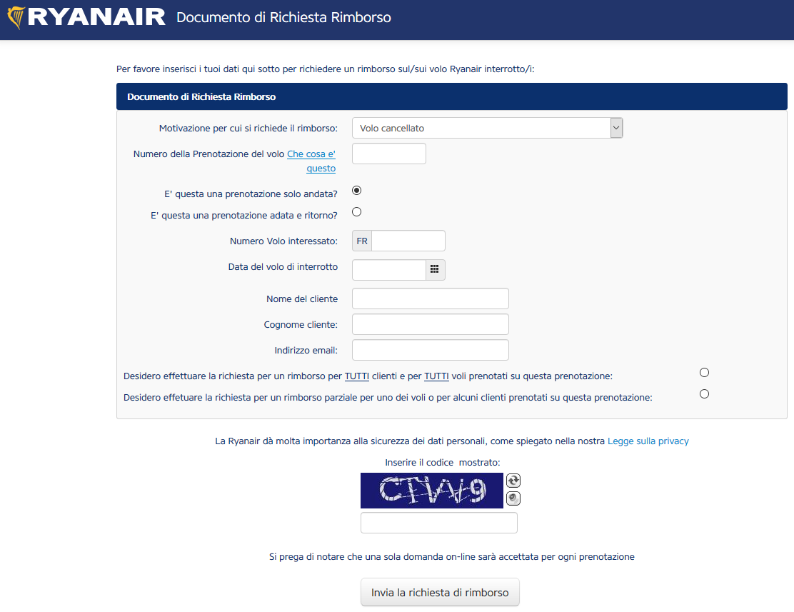 Modulo richiesta rimborso Ryanair per cancellazione volo Modulo richiesta rimborso Ryanair per cancellazione volo
