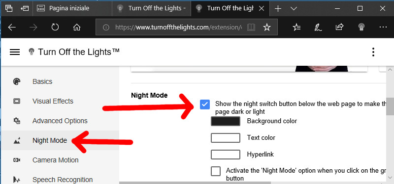 Modalità luce notturna Edge Modalità luce notturna Edge