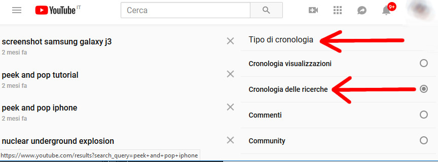 Selezione del tipo di ricerca cancellare dalla cronologia
