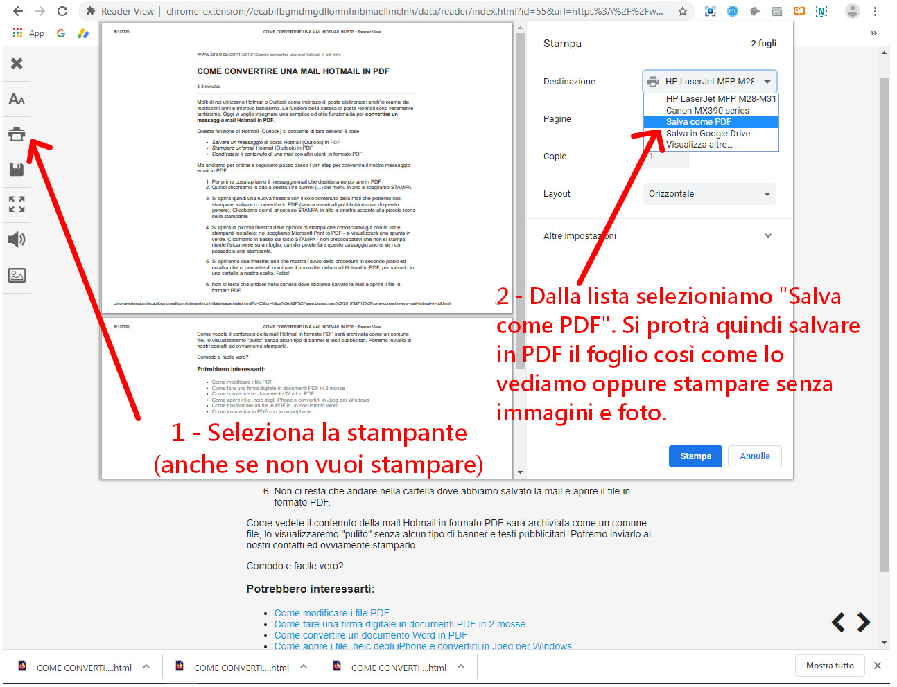 Esportare la pagina di un sito web in PDF oppure salvare