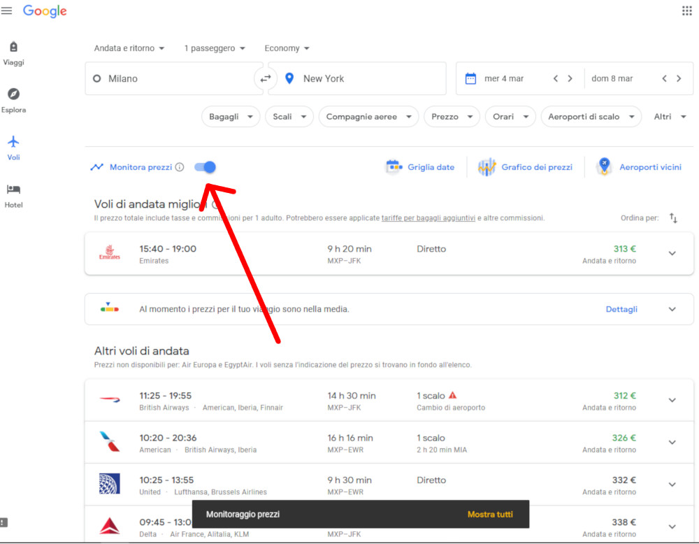 Monitoraggio prezzi voli Google Monitoraggio prezzi voli Google