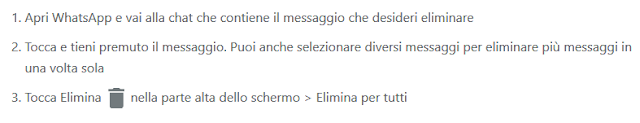 Whatsapp spiega come procedere nel caso si voglia eliminare messaggi