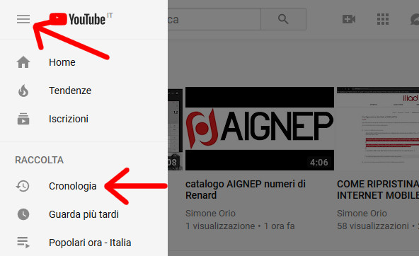 cronologia ricerche Youtube nella barra laterale sinistra