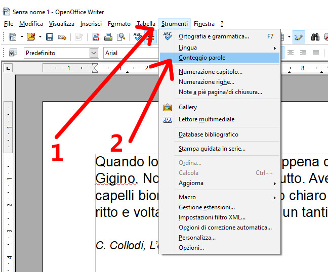 Strumento Writer conteggio battitura testo