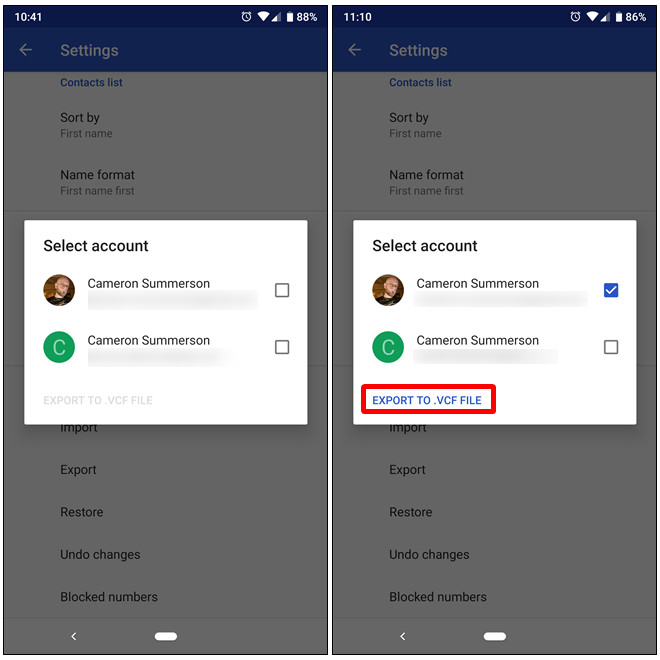 Seleziona l'account che desideri esportare Seleziona l'account che desideri esportare