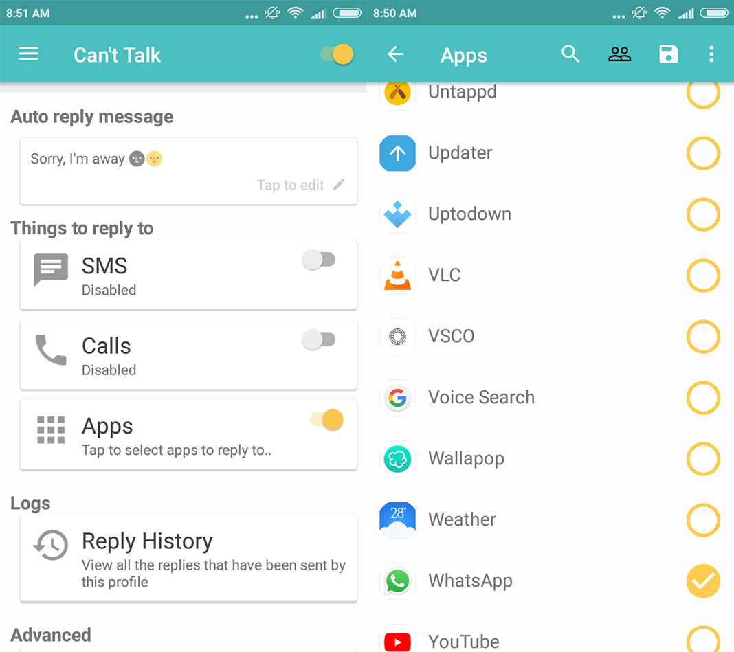 Can't Talk applicazione per rispondere messaggi whatsapp Can't Talk applicazione per rispondere messaggi whatsapp