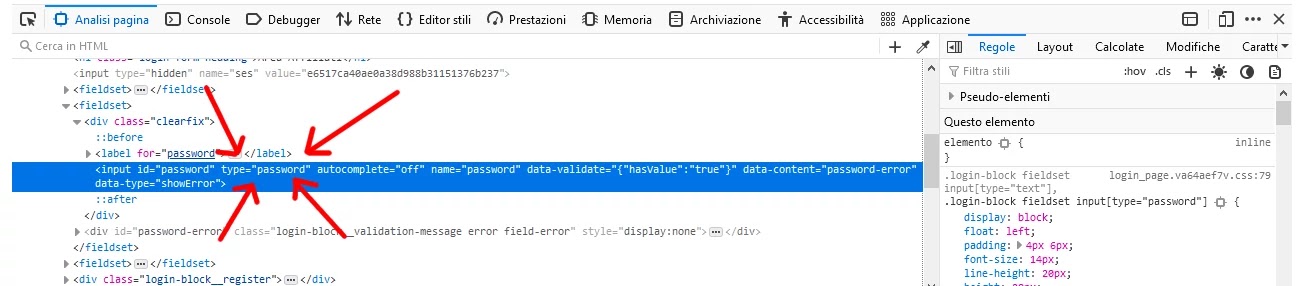 Console analisi campo password
