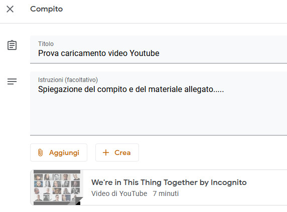 Compito Classroom con video Youtube allegato