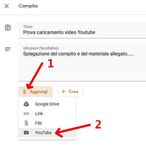 Aggiungere file Youtube in Google Classroom