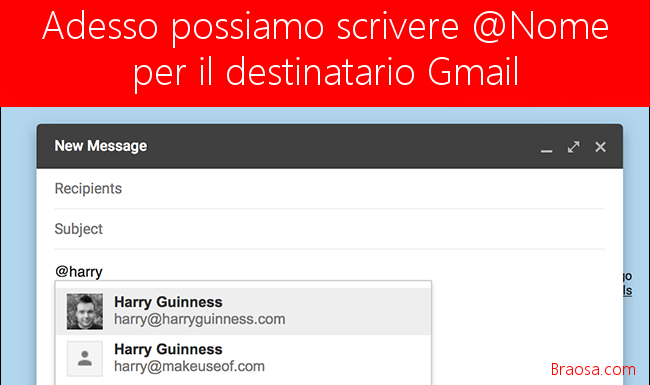 Per inviare al destinatario su Gmail possiamo usare solo il carattere @ seguito dal nome del contatto Per inviare al destinatario su Gmail possiamo usare solo il carattere @ seguito dal nome del contatto