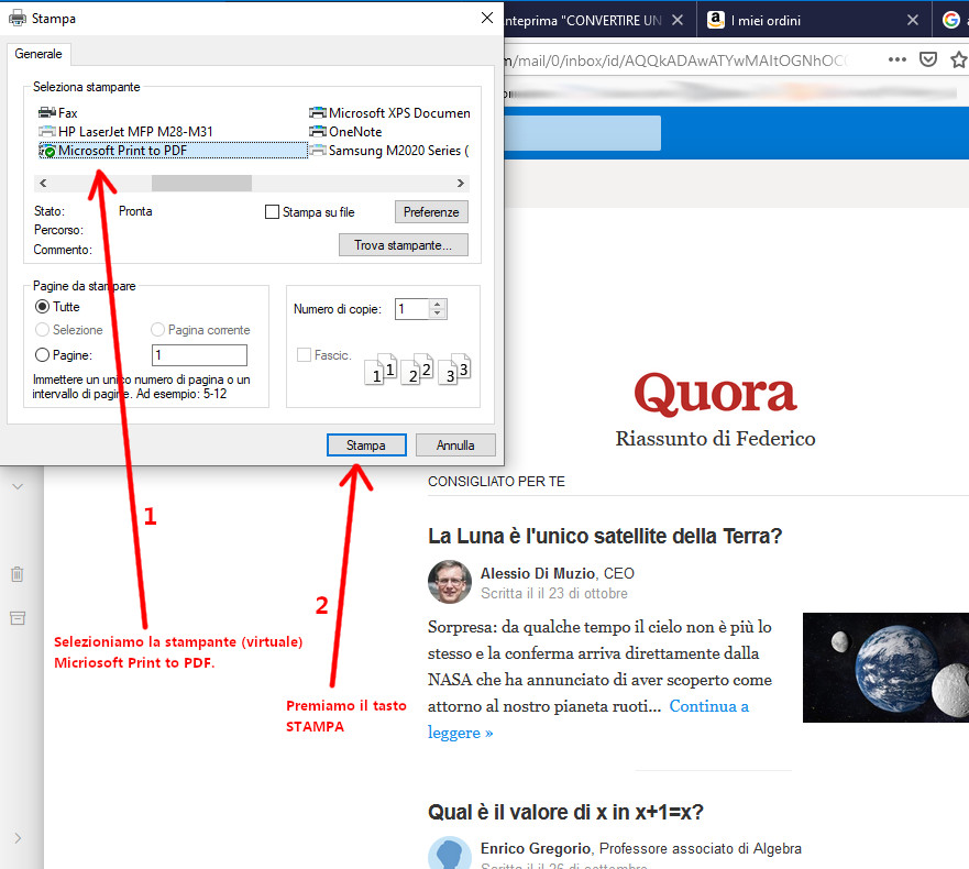 Selezione della stampa della mail Hotmail in Windows