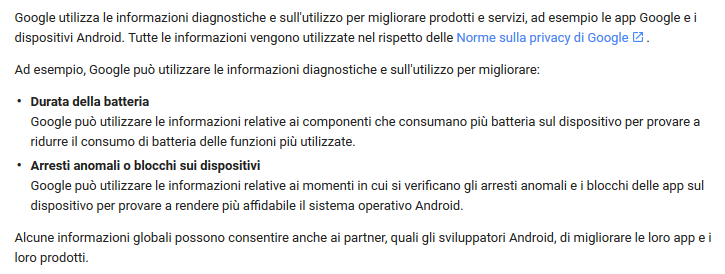 Utilizzo delle informazioni di Uso e diagnostica Android  da parte di Google Utilizzo delle informazioni di Uso e diagnostica Android  da parte di Google