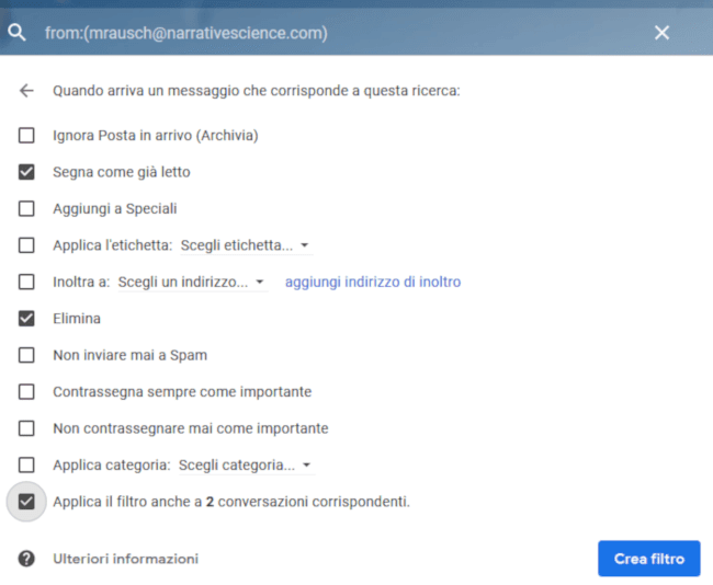 Applicare il filtro aconversazioni simili dello stesso mittente Applicare il filtro aconversazioni simili dello stesso mittente