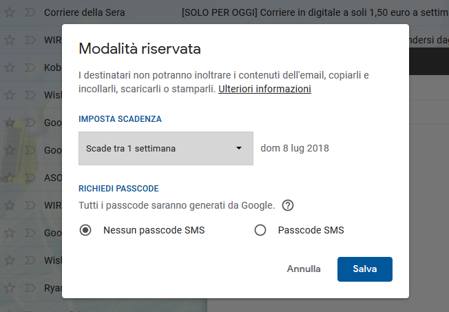 Invio messaggio in Modalità riservata Gmail Invio messaggio in Modalità riservata Gmail