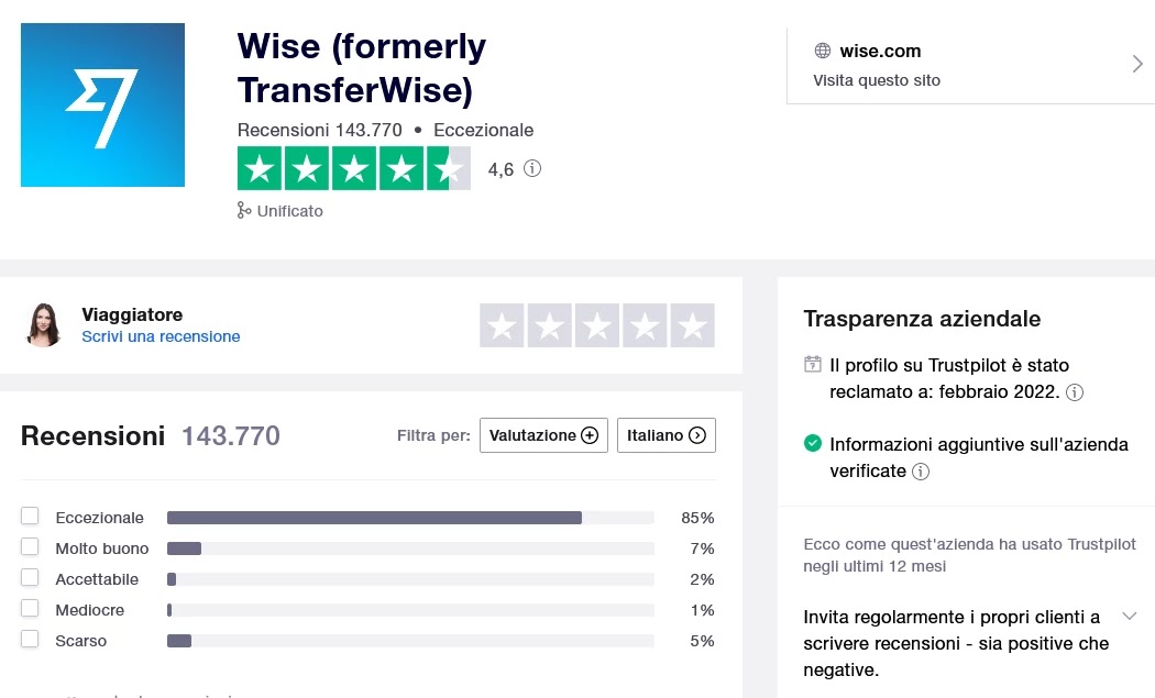 Wise recensioni Trustpilot
