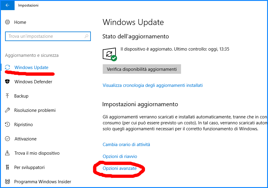 Impostazioni degli aggiornamenti di Windows Update Impostazioni degli aggiornamenti di Windows Update