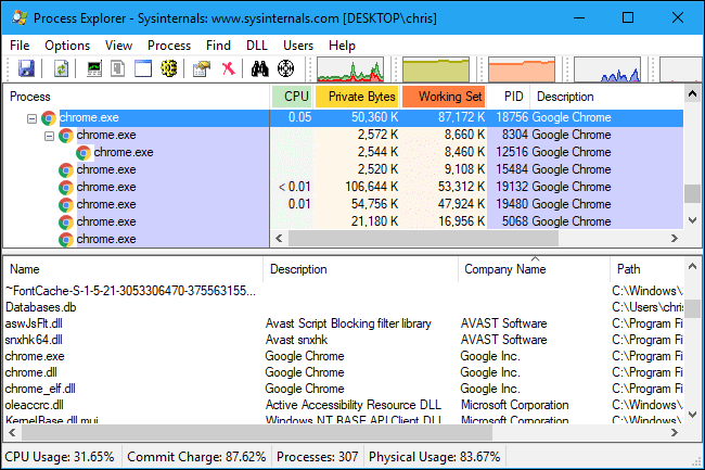 Selezionare un processo nel pannello process explorer Selezionare un processo nel pannello process explorer