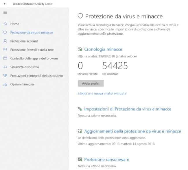Aggiornamenti Windows Defender