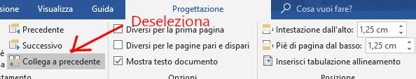 interrompere il collegamento all'intestazione e al piè di pagina della sezione precedente
