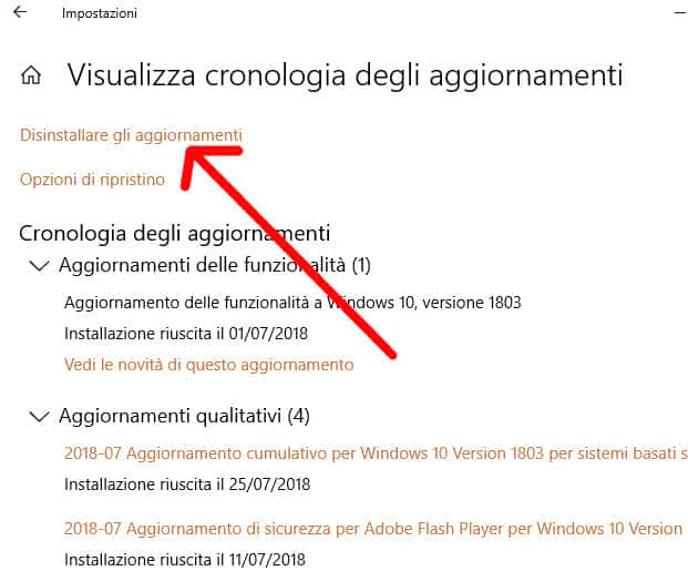 Disinstallare gli aggiornamenti Windows