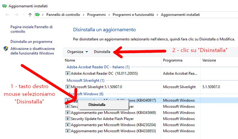 Selezione dell'aggiornamento da disinstallare