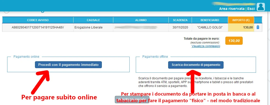 Inizio procedura di pagamento online o stampa del documento