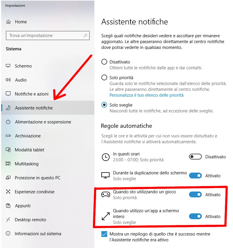 Menu assistente notifiche Windows 10 Menu assistente notifiche Windows 10