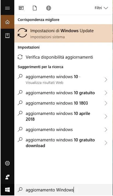 Ricerca aggiornamenti Windows