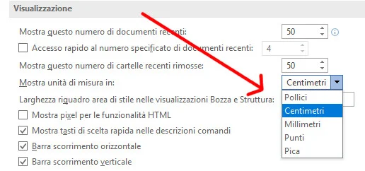 Scelta dell'unità di misura dal menu a discesa di Word Scelta dell'unità di misura dal menu a discesa di Word