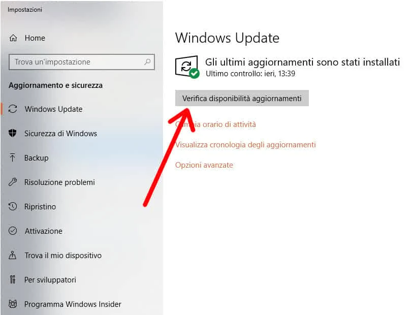 Verifica disponibilità aggiornamenti Windows
