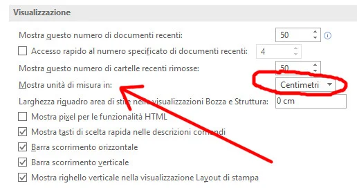 Selezione dell'unità di misura in Word Selezione dell'unità di misura in Word